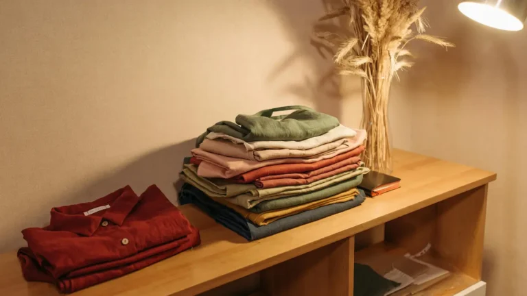 Pile de vêtements en lin pliés sur une étagère éclairée pas une lampe